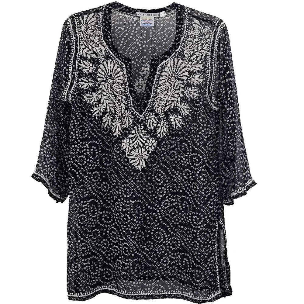 Gretchen Scott Women's Small Tunic 3/4 Sleeve Black Semi Sheer White Embroidered